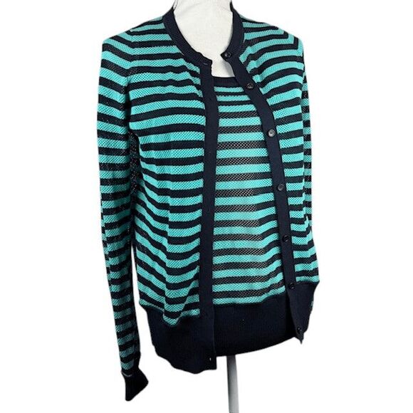 NWOT Akris Punto 2pc Matching Twin Set Cardigan and Tank Aqua Navy Stripe Medium - Picture 2 of 10